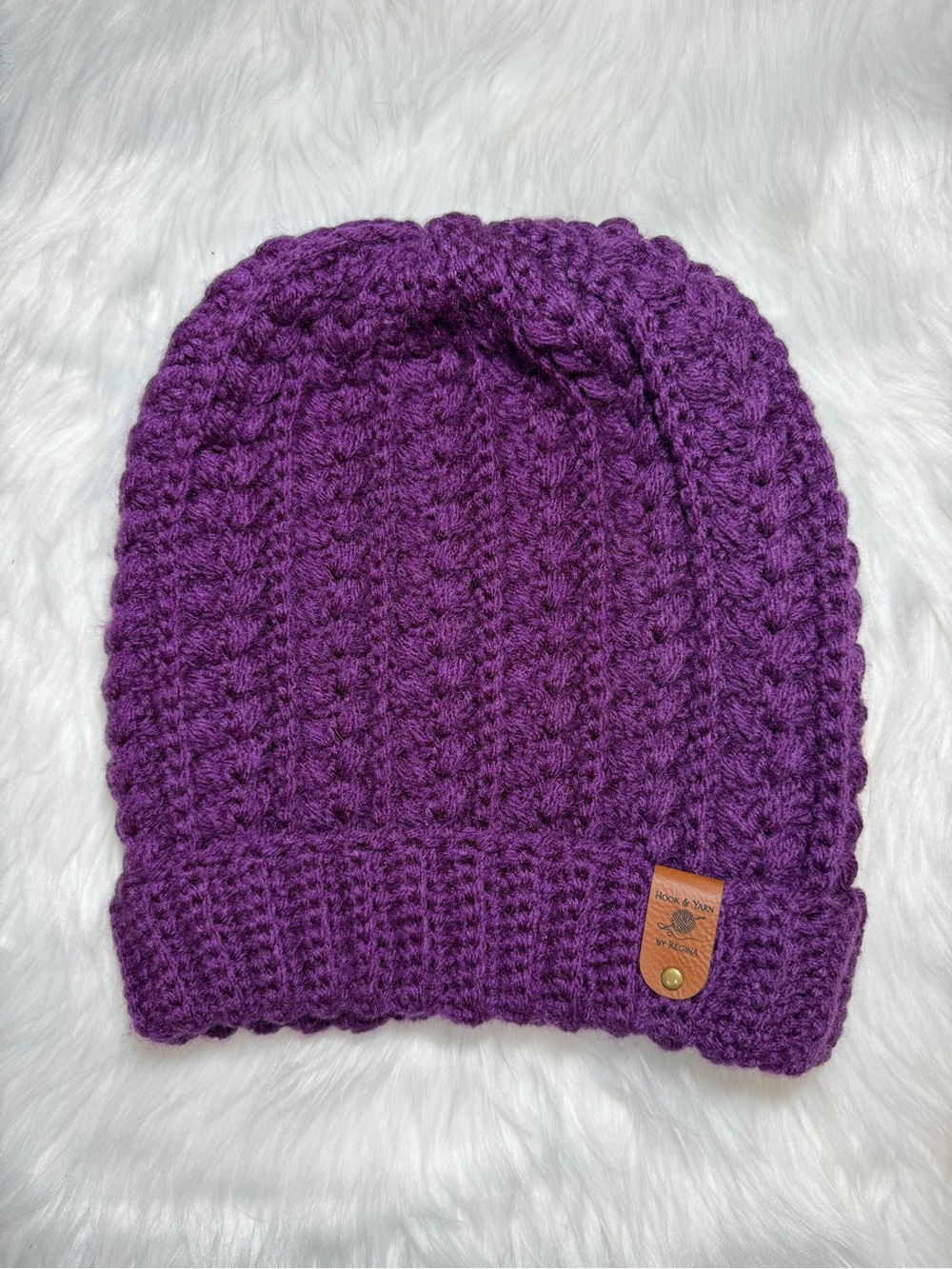 Purple Crochet Slouchy Beanie with Leather Accent